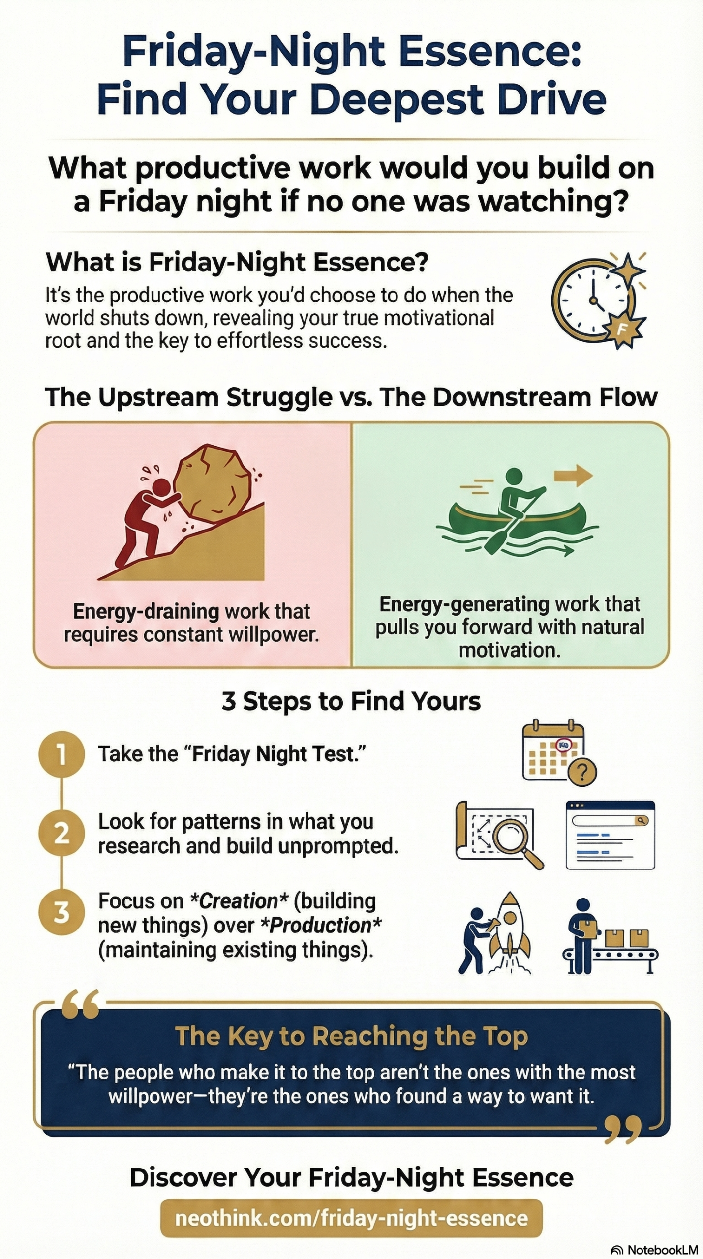 Infographic explaining Mark Hamilton's Friday-Night Essence concept: how to find your deepest motivational root by identifying what productive work you'd do on a Friday night, comparing upstream struggle vs downstream flow, with 3 steps to discover your FNE